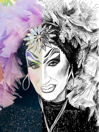 Black and white drawing of Sister Roma, with the left half of the image being the reference.