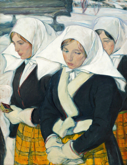 des femmes voilées se rendent à la messe en moufles un dimanche d’hiver