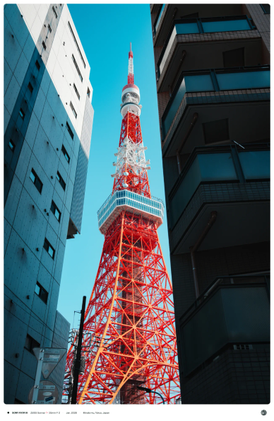 구름 한 점 없는 날, 빌딩 두 채 사이로 빨간 도쿄 타워가 보이는 모습.