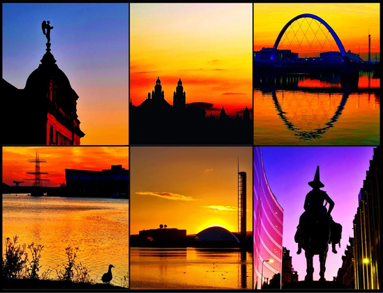 A collage of colourful sunrise and sunset photographs from Glasgow.