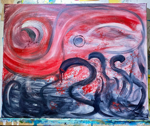 A medium size canvas with an oil painting in shades of red, white and paynes grey. There are massive swirls of red interlaced with the other colors in the top two thirds, and the bottom third is a swirling mass of tentacles or snakes or mist. It’s menacing in feel. The central serpentine figure has three drips of red and black paint. The center of the canvas contains a circle enclosing a grey round object. 