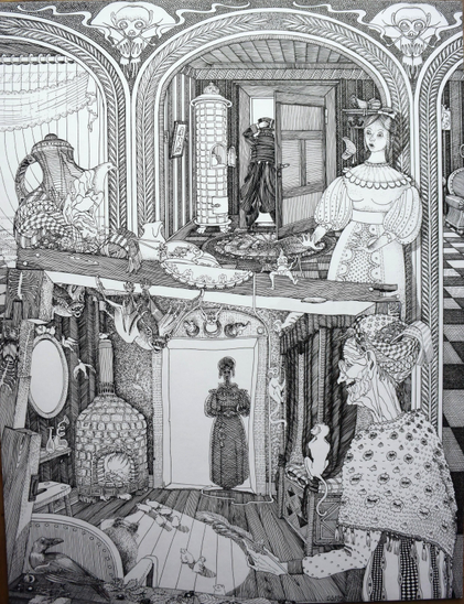 Veronika besucht die alte Liese. Diese ist gleichzeitig eine Hexe und offenbart Veronika, dass sie als Kaffekanne verwandelt ihre Geheimnisse schon ausgekundschaftet hat.
Das Bild zeigt zwei Szenen. Oben: der Konrektor Paulmann verlässt  den Salon, während seine Tochter Veronika entsetzt eine Alraune betrachtet, die neben dem Frühstücksgeschirr mit Kaffeekanne auf einem Balken balanciert. Unten: Veronika steht in der Tür zur Wohnung der alten Liese. Hier wimmeln Fledermäuse Hamster und Affen. Die schrumpelige Alte hat einen Kopf, der das Gegenstück zu der Kaffekanne auf dem Frühstückstisch ist. 
