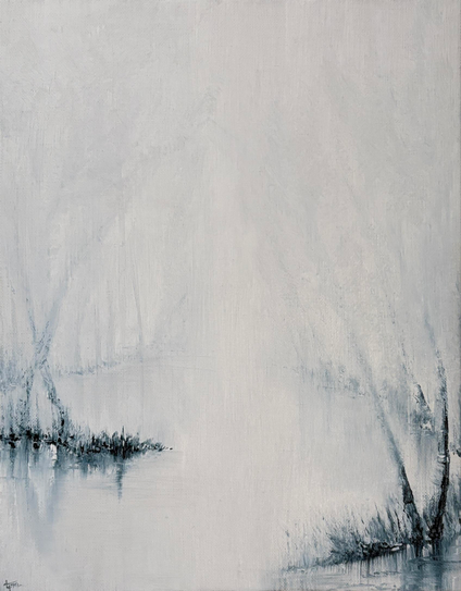 Original oil painting by Tisha Mark, "Into The Calm" 14"x11" oil on linen (2025). Vertically oriented abstract-leaning foggy landscape painting, painted in a limited palette of blues and whites.