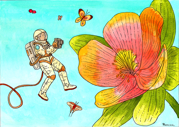Astronaut holding a camera floting in the air near a giant flower. It is a comic book style drawing, but colored in watercolor.