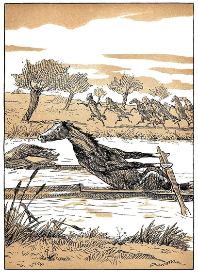 A horse is competing in a boat race, pulling hard on the oars of his single scull while other horses cheer from the bank.