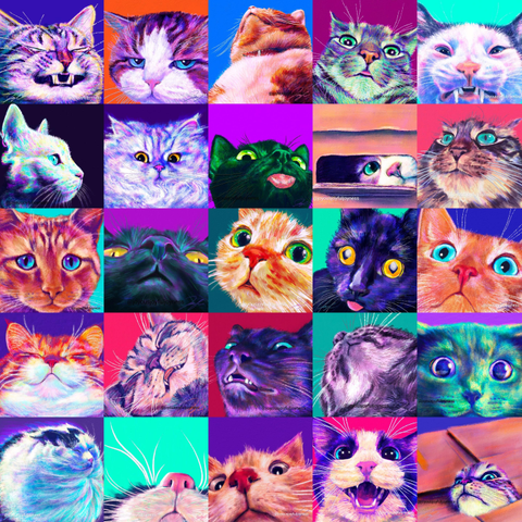 Compilation of 25 cat painting in a large 5x5 grid.