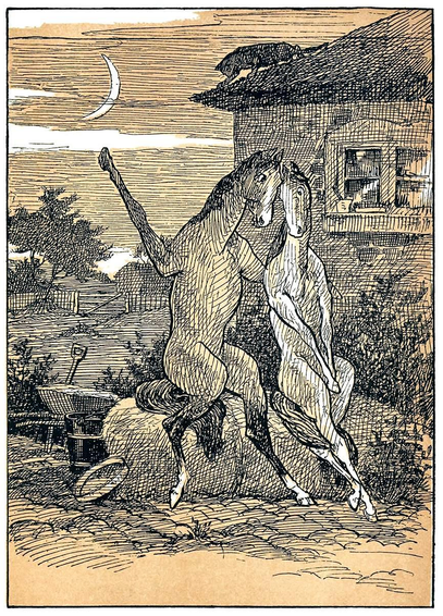 Two horses are sitting outside a house on a romantic moonlit date, while a cat roams across the roof above them.