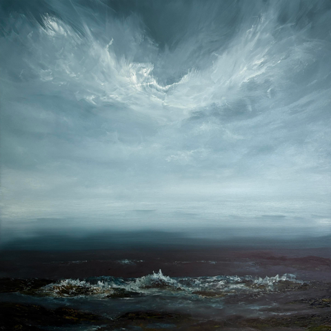 Original seascape oil painting by Tisha Mark, "Finding a Kindred Spirit" 30"x30" oil on cradled Ampersand Gessobord (2025). A seascape painting with a gray-blue sky with textured, atmospheric cloud formations over a dark blue sea. Waves are meeting a rocky shore, and there is textured green moss and dark red algae or seaweed on the rocks.