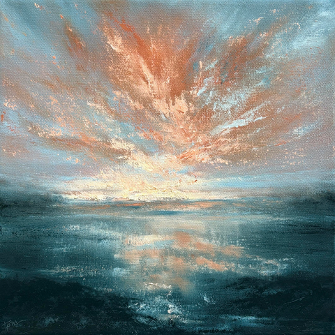 Original seascape oil painting by Tisha Mark, "Tomorrow's Light" 12"x12" oil on canvas (2025). A loosely painted seascape with a brilliant blue, orange and yellow sunrise sky. The colors of the sky are reflected in the water below.