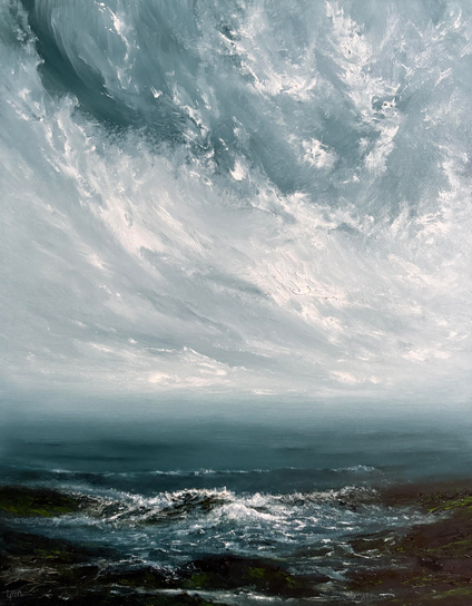 Original seascape oil painting by Tisha Mark, "We Met Along the Way" 14"x11" oil on Ampersand Gessobord (2025). A seascape painting with a gray-blue sky with textured, atmospheric cloud formations over a dark blue sea. Waves are meeting a rocky shore, and there are hints of green moss or algae on the rocks.