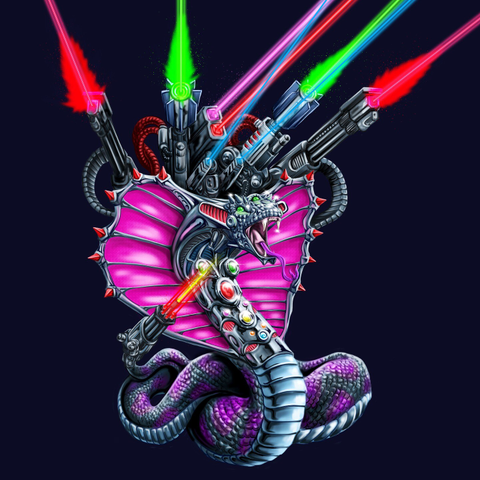A digital illustration for 3 Floyds Lazersnake IPA. A shiny metallic robot cobra covered in colored lights. With a vast array of laser guns behind its hood firing colored beams into the sky. Rendered in an 80s airbrush style.