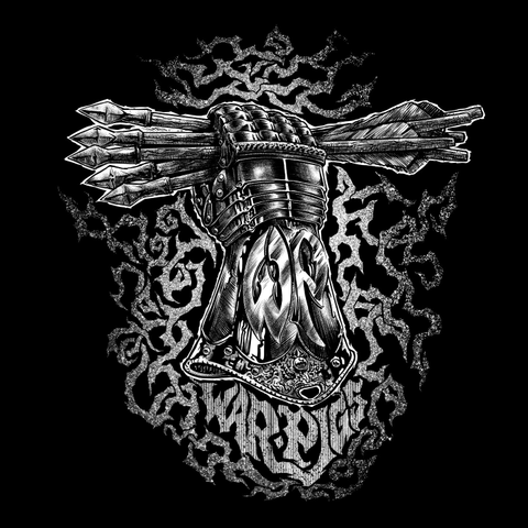 An illustration for WarPigs Brewing's 5th anniversary. A black and white drawing of an ornate armor gauntlet with the letters 'WP' prominently displayed in its ornamentation, holding five crossbow bolts. Rendered in the style of a black metal band.