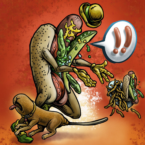 A digital illustration of an anthropomorphic Chicago-style hot dog – wearing a yellow hat and gloves and green shoes – tripping over his pet, which is a four-legged corndog, and dropping a plate holding a Chicago-style hot dog and fries in the process. A word bubble reading '!!' is shown but the exclamation points are rendered as if they were hot dog wieners.