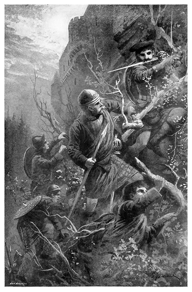 Scottish soldiers carrying spears, swords, and shields are walking up a slope overgrown with vegetation, while a castle looms above them in the background.