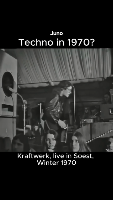 Black and white footage of Kraftwerk what sounds an awful lot like techno or EDM, just... more analog.

Caption at the top is centered, reading "Juno <newline> Techno in 1970?"
Caption at the bottom reads: Kraftwerk, live in Soest, Winter 1970

Text at insta source https://www.instagram.com/reels/DRcmc4qjNO6/ (Juno Records / @junorecords on insta) reads:

"We all know that techno was invented in Detroit in the mid to late 80s, right? Well, sort of. Because this footage - the earliest surviving film of Düsseldorf's gamechanging  electronic pioneers - appears to show them laying down some rather banging four to the floor techno during an improvised set at German festival Rockpalast way back in 1970. Check the rather saucer eyed audience having their minds utterly blown too!"