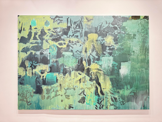 A color photo of a landscape oriented painting done by Hurvin Anderson. He is known to use photography in his work and this feels a bit like a photograph of a Caribbean landscape, but it has been painted over in many shades of blue greens and black with some of the paint dripping down or an opaque swashe over some parts. It feels a bit abstract at first but as you see the palm leaves you feel the idea of the Caribbean