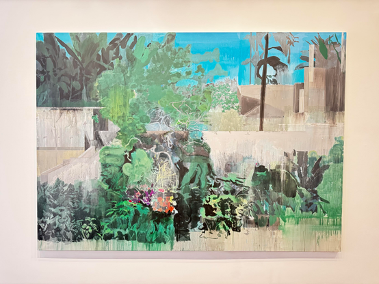This painting feels more like a traditional photo with a blue sky in the background, green trees and sections of cemented areas. It evokes the idea of a downtown area on a Caribbean island but in an abstract way. The background lines feel very sharp in a modern way, but the greenery is the part that is more abstract