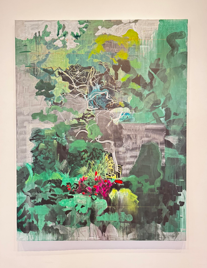 This last one by Anderson has elements of both of the others. It seems as though it's layered and parts of the back layer are in shades of black and white. Over that are lots of abstract leaves and greenery and various bright shades of green with just a few red flowers at the bottom. again it is very abstract and has the element of some of the paint dripping down 