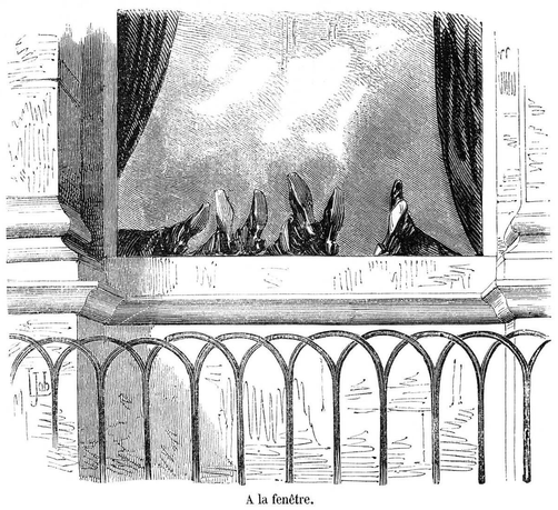 Men putting their feet up on on windowsill, as seen from the street.