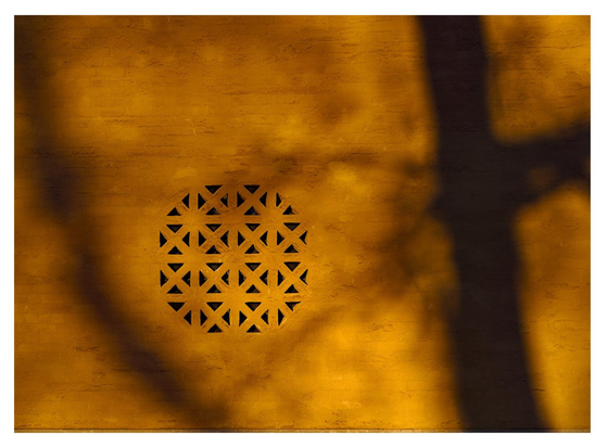 En liggande bild på ett fönster på en orange stenvägg. Fönstret är runt och i ett mönster i samma färg som väggen. Skuggor från träd faller på väggen.