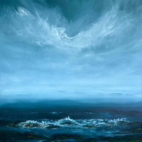 Original seascape oil painting by Tisha Mark, "Finding a Kindred Spirit" 30"x30" oil on cradled Ampersand Gessobord (2025). A seascape painting with a gray-blue sky with textured, atmospheric cloud formations over a dark blue sea. Waves are meeting a rocky shore, and there is textured green moss and dark red algae or seaweed on the rocks.