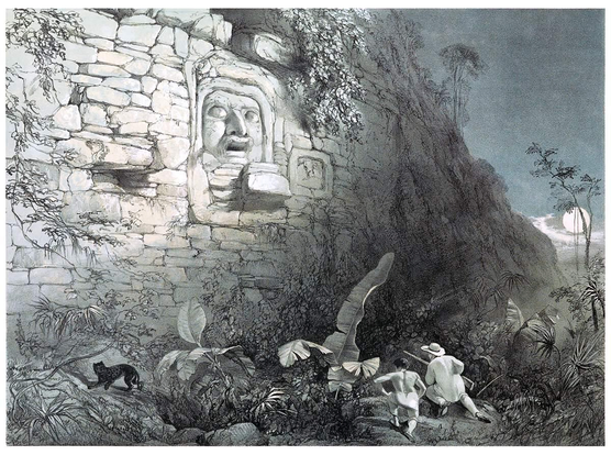 A hunter is out in the moonlight, stalking a large cat below a stone wall embedded with a imposing Pre‑Columbian sculpted head