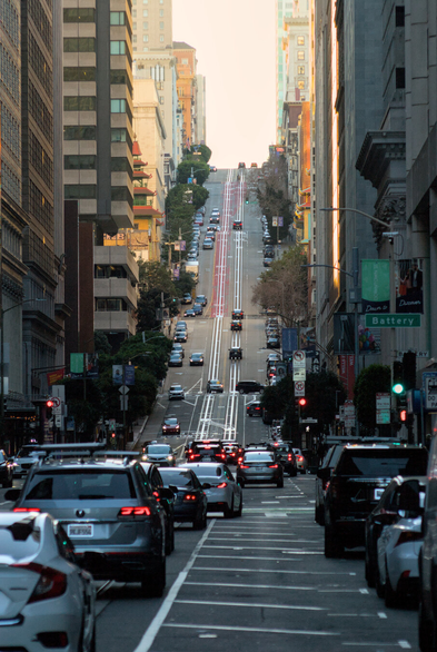 A photo for California Street in San Francisco, as it goes up the hill from the Financial District towards Chinatown. From this low angle is looks very long and very steep!