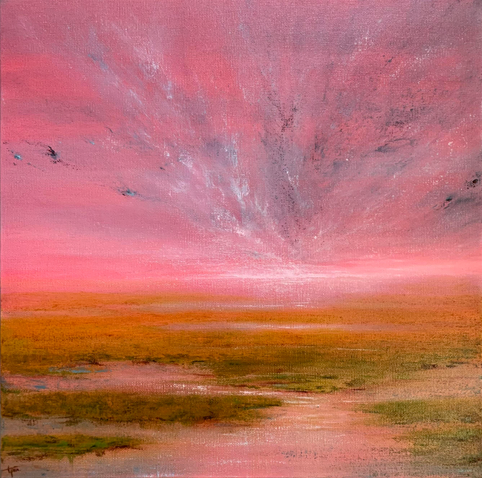 Original summertime coastal marsh oil painting by Tisha Mark, "Possibilities" 16"x16" oil on canvas (2023). Painting of a coastal marsh underneath a brilliant pink sunrise or sunset sky, with light reflecting off the water.