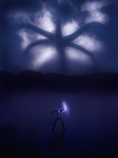 The image has a figure wielding a flaming sword ready to fight. Above the figure, a large, ominous creature with multiple appendages looms in the sky (The mind flayer) The scene is bathed in a bluish-purple hue. The ground appears reflective.. In the background, there's a silhouette of hills.