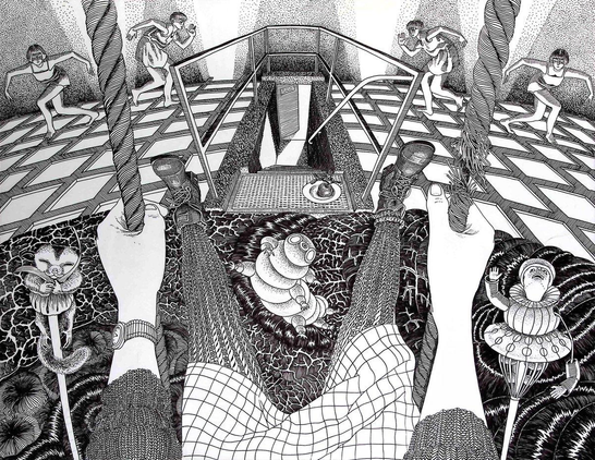 Aus der Sicht einer schaukelnden Frau fällt der Blick auf eine von unten beleuchtete Tanzfläche, auf der vier Tänzerinnen einen Ausdruckstanz vorführen. In der Mitte führt eine Treppe in einen Keller hinab, vor deren Absatz ein Teller mit Apfel auf einer Fußmatte platziert ist. Im Vordergrund unter den ausgestreckten Beinen der Schaukelnden quellen verschiedene Arten von glühender Lava über den Boden. Flankiert wird die Schaukelnde im Vordergrund von einem Flughörnchen, das sich an einen Grashalm klammert, und rechts von einer Figur aus Oskar Schlemmers Triadischem Ballett. Bei näherer Betrachtung wird deutlich, dass das rechte Schaukelseil zu reißen droht.