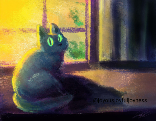 Painting of a grey cat in front of a glowing window with sun streaking in. To the right are some curtains. The cat casts a shadow. The artist's signature and @joyousjoyfuljoyness watermark are at the bottom right.