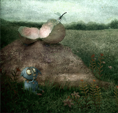 The Mysterious Monster March: JUST HATCHED
One cloudy morning a just-hatched baby monster sits alone in the grass next to a large boulder. It shivers with cold and hunger. Above, it's cracked egg balances precariously, while a hovering dragonfly looks down with interest. In the far distance, three quarreling monsters argue about who is responsible for an escaped pink balloon. (Partial image-enlargement)