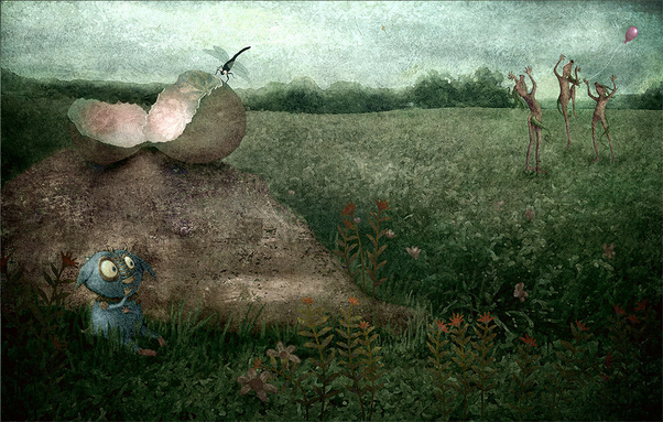 The Mysterious Monster March: JUST HATCHED
One cloudy morning a just-hatched baby monster sits alone in the grass next to a large boulder. It shivers with cold and hunger. Above, it's cracked egg balances precariously, while a hovering dragonfly looks down with interest. In the far distance, three quarreling monsters argue about who is responsible for an escaped pink balloon. (Full image)