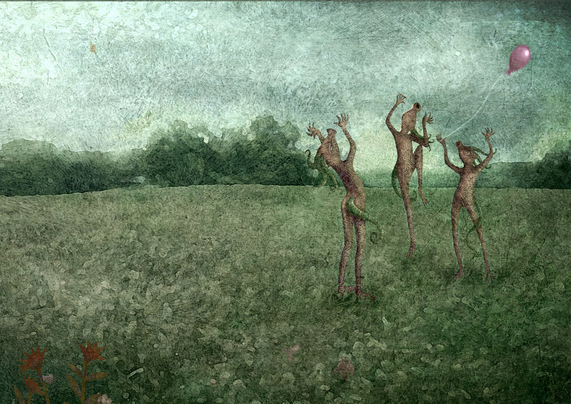 The Mysterious Monster March: JUST HATCHED
One cloudy morning a just-hatched baby monster sits alone in the grass next to a large boulder. It shivers with cold and hunger. Above, it's cracked egg balances precariously, while a hovering dragonfly looks down with interest. In the far distance, three quarreling monsters argue about who is responsible for an escaped pink balloon. (Partial image-enlargement)