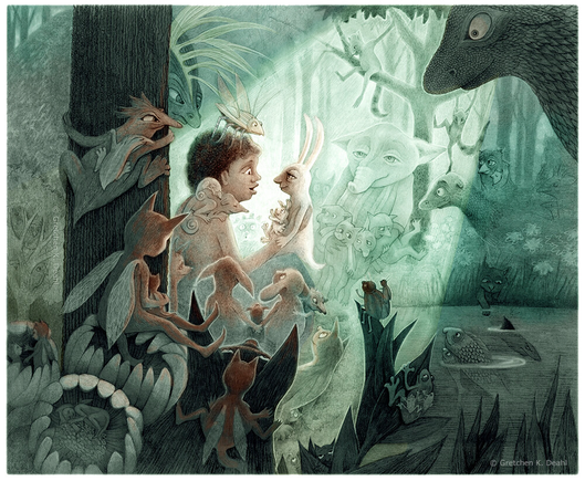 Graphite pencil drawing with washes of green and brown watercolor. A young girl sits with her back against a tree, animatedly telling a story to the white rabbit and its child on her lap. She is surrounded by a myriad of creatures, rapt with attention as she spins her tale. (Full image)