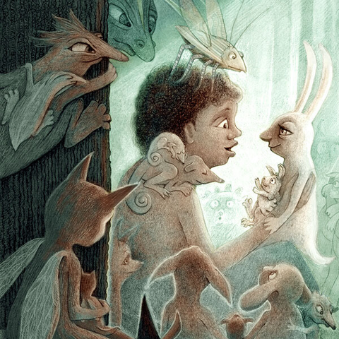 Graphite pencil drawing with washes of green and brown watercolor. A young girl sits with her back against a tree, animatedly telling a story to the white rabbit and its child on her lap. She is surrounded by a myriad of creatures, rapt with attention as she spins her tale. (partial image)
