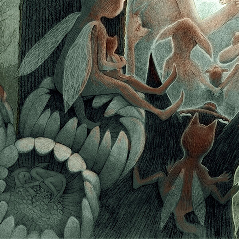 Graphite pencil drawing with washes of green and brown watercolor. A young girl sits with her back against a tree, animatedly telling a story to the white rabbit and its child on her lap. She is surrounded by a myriad of creatures, rapt with attention as she spins her tale. (partial image)