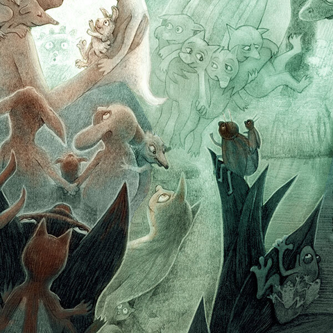 Graphite pencil drawing with washes of green and brown watercolor. A young girl sits with her back against a tree, animatedly telling a story to the white rabbit and its child on her lap. She is surrounded by a myriad of creatures, rapt with attention as she spins her tale. (partial image)