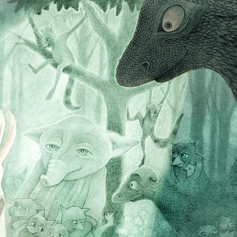 Graphite pencil drawing with washes of green and brown watercolor. A young girl sits with her back against a tree, animatedly telling a story to the white rabbit and its child on her lap. She is surrounded by a myriad of creatures, rapt with attention as she spins her tale. (partial image)