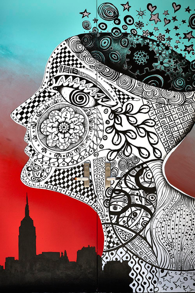 This is a colour photo of a closed, double door with an elaborate art work painted on it. 5th Ave, NYC (2013).

The entire image is filled with this door art work. The two doors are hinged on the outsides withere they meet in the centre and two handles in the middle. In, viewed in profile, the lower left corner is a black line drawing of the shoulders of a white silhouette of a person, viewed in profile, whose neck and head rise upwards to fill most of the middle and upper parts of the doors. The body is filled with with intricate black patterns of swirls, chessboards and circles. One large eye stares outwards and is filled with a black spiral. The top of the head is missing and is filled with rising patterns of stars, swirls and hearts. In the lower left corner is a black cityscape silhouette of New York City with the Empire State Building prominent. The background graduates from dark red at the base, through pink to light blue at the top.

The location: 5th Ave, NYC, adjacent to Bryant Park and is the entrance, when open, to an upmarket, downstairs bar. 