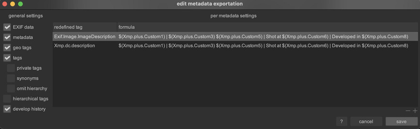 Export metadata prefs