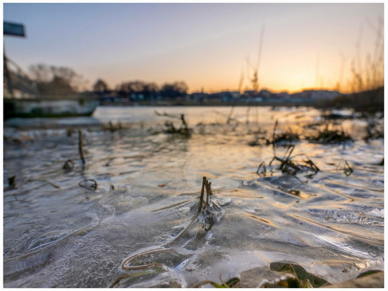 A tranquil scene of frozen water at sunset, with patches of ice covering grass and vegetation. Silhouettes of trees are visible in the background against a colorful sky.