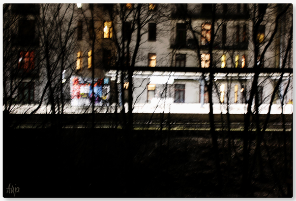 Blick auf eine U-Bahnstation in Hamburg bei Nacht. Bäume ohne Laub verdecken den direkten Blick auf die menschenleeren Bahnsteige. Grelles Licht, bunte Plakatwände, dahinter eine Häuserfront mit zum Teil beleuchteten Fenstern. Der Rest des Bildes ist dunkel, unscharf.

View of a underground station in Hamburg at night. Trees without leaves obscure the direct view of the deserted platforms. Bright lights, colourful billboards, behind them a row of houses with some of the windows lit up. The rest of the image is dark and blurred.