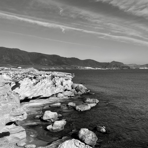 Black and white photo of fossil dunes at Las Escullos