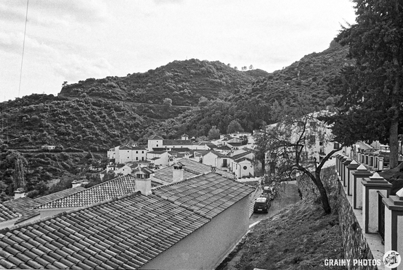 A panoramic view of Benadalid nestled in rolling hills, featuring whitewashed buildings with terracotta roofs, winding streets, and greenery in the background. The scene is captured in black and white, enhancing the rustic charm of the landscape.
