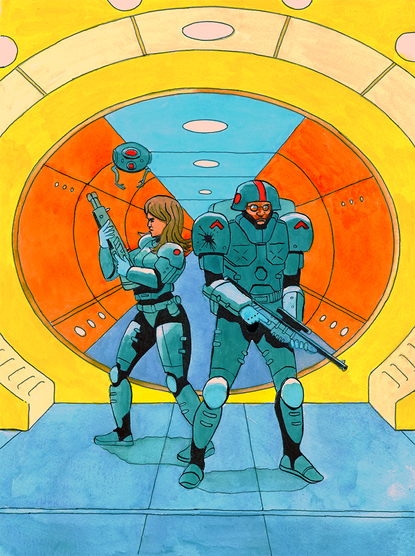 Scifi image of woman and man dressed in some kind of hi tech armor standing in a yellow and orange corridor.