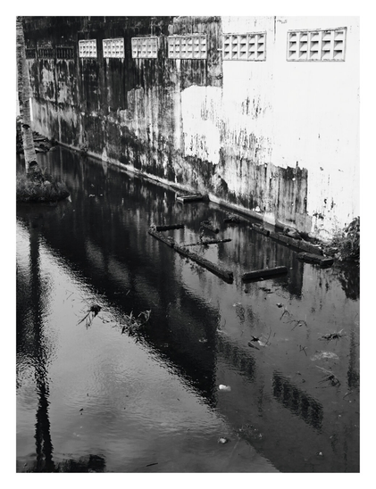 A stagnant waterway or canal running alongside a heavily weathered wall. The wall, which dominates the upper right, is textured with peeling paint and dark, vertical stains, topped by a row of rectangular vents. The dark water below acts as a mirror, creating a distorted reflection of the grimy wall, the vents, and a submerged rectangular frame structure. On the far left, a tree trunk rises from the bank. - Google Gemini 3 Pro Preview