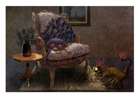 Comfortably curled on an antique chair, a strange spiked, blueish creature lounges. Gazing lazily at a its pet, a smaller green creature with feathered pink ruff and tail, it teases with a string attached to a stuffed toy, which is lodged in its pets mouth. The expression on the pet is both pleading and slightly terrified. We can only guess at their past relationship.