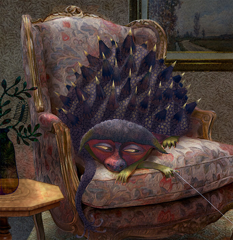 Comfortably curled on an antique chair, a strange spiked, blueish creature lounges. Gazing lazily at a its pet, a smaller green creature with feathered pink ruff and tail, it teases with a string attached to a stuffed toy, which is lodged in its pets mouth. The expression on the pet is both pleading and slightly terrified. We can only guess at their past relationship.