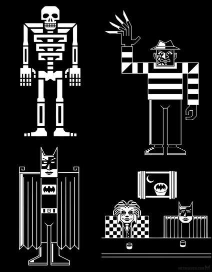 Graphically stylized black and white drawings of a skeleton, Freddy Krueger from A Nightmare on Elm Street, Batman and The Joker.